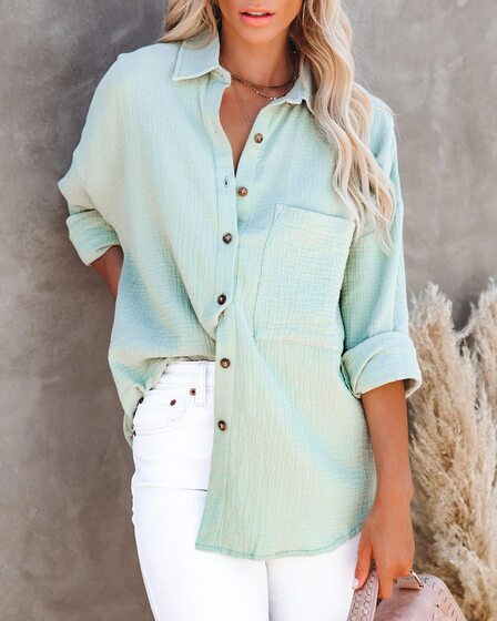 2021 AliExpress wish Amazon explosions autumn simple long sleeve V-neck button women's cotton and linen shirt women's clothing