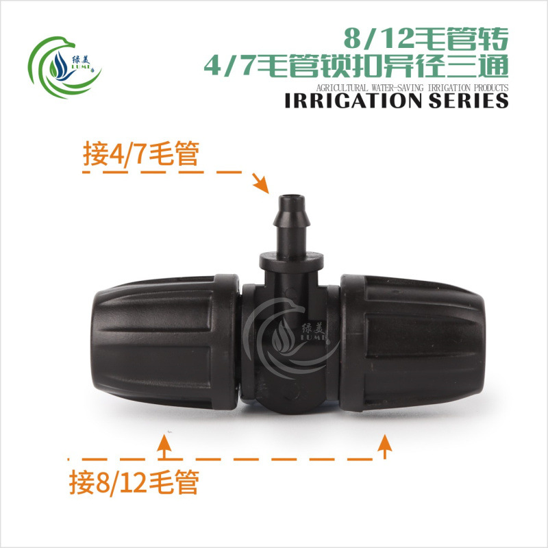 8/12 accesorios de tubo capilado a través del codo de tres vías 9/12 accesorios de riego automático de tubo capilado accesorios de tubería de riego de jardinería