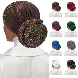 Amazon new style plate flower hat ethnic hat elastic Muslim headscarf hat turban hot rhinestone donut pullover hat