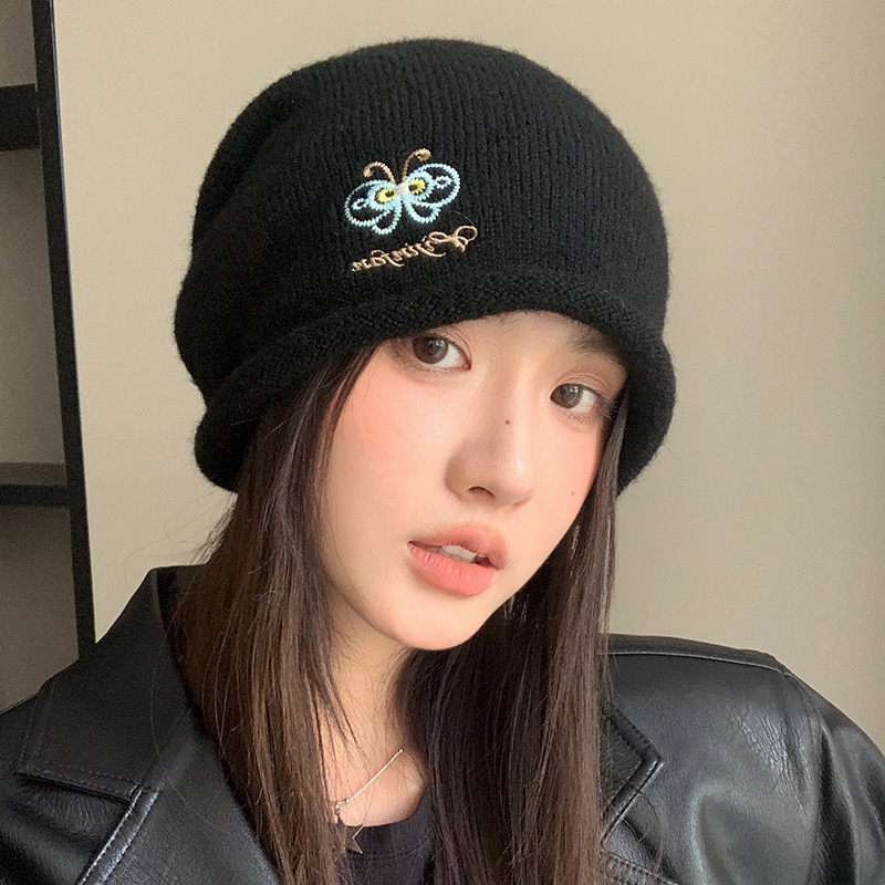 秋冬新款蝴蝶刺绣冷帽韩版防风保暖帽子女百搭堆堆帽显脸小包头帽|undefined