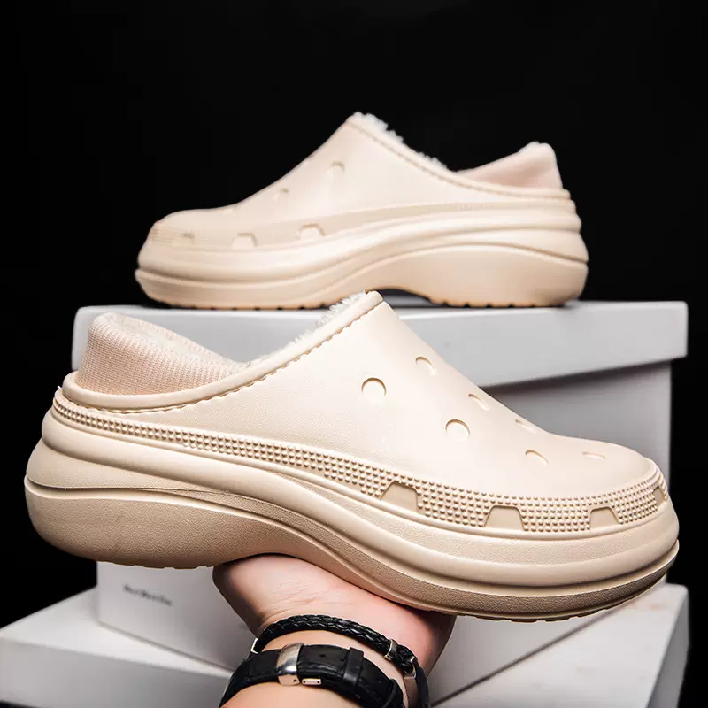 秋冬新款男士棉拖鞋情侣款洞洞款加绒保暖居家包跟厚底毛毛拖棉鞋