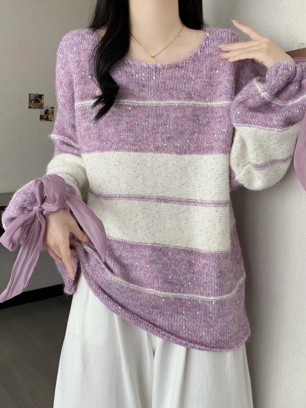 蝴蝶结亮片系带条纹套头毛衣女2025秋冬新款宽松设计感甜美针织衫|undefined