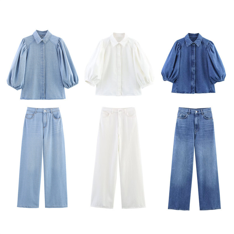 2025 Spring New Women's Clothing European and American Style Fashionable Short-Sleeved Denim Shirt Pants 5216053 6840055