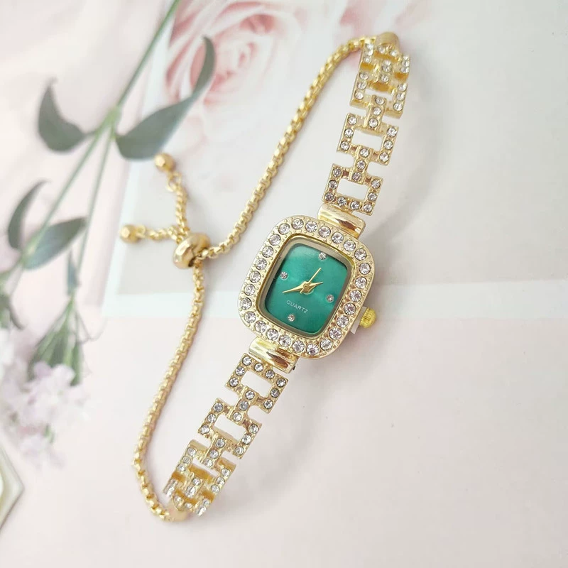 Square Swiss-Style Bracelet Watch, Crystal Accent, Adjustable Chain, Gold & Silver Options