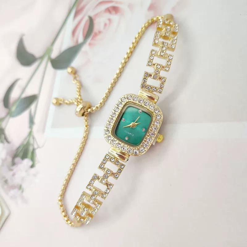 Square Swiss-Style Bracelet Watch, Crystal Accent, Adjustable Chain, Gold & Silver Options