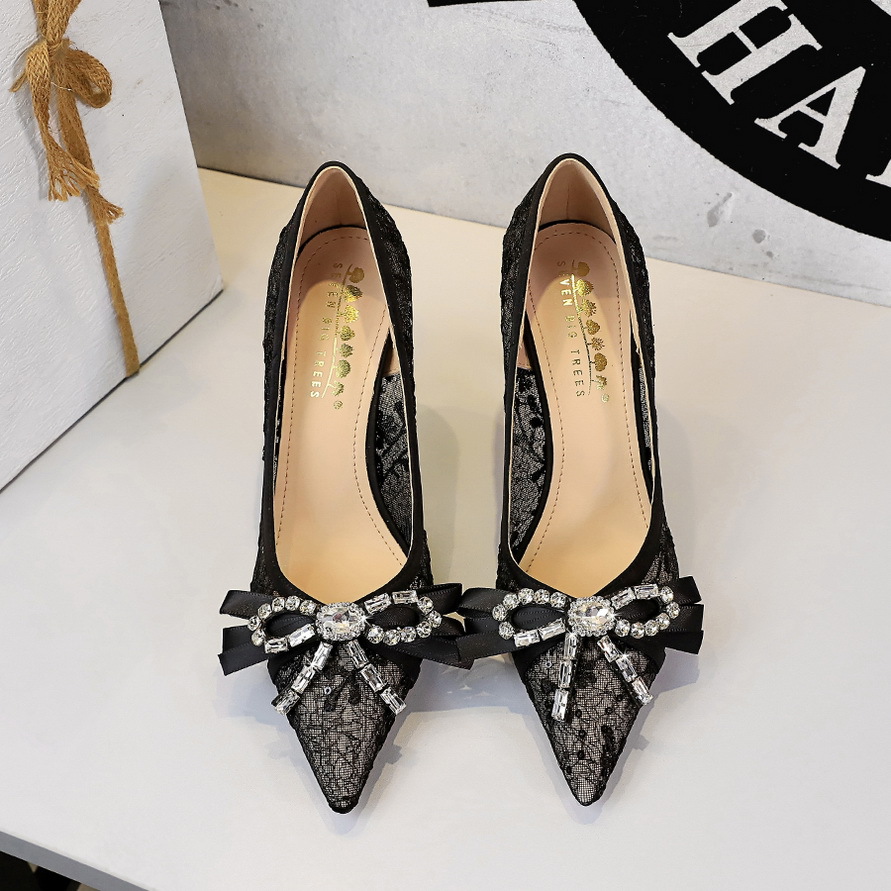 1963-H133 European And American Sexy Stiletto High-heeled For Women, Lace Mesh With Rhinestone Bow, Pointed Toe, Elegant_vogvips.com