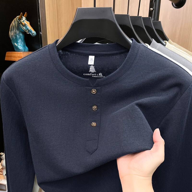 Men's long-sleeved T-shirt with a round neck, made from a blend of Lyocell and linen, new autumn 2026 collection, business casual style, solid color, suitable as a base layer Men's long-sleeved T-shirt with a round neck, made from a blend of Lyocell and linen, new autumn 2026 collection, business casual style, solid color, suitable as a base layer