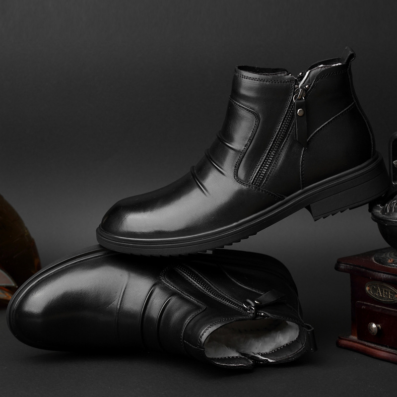 Mittelhohe Lederschuhe, lässige kurze Stiefel, Lederstiefel mit seitlichem Reißverschluss, warme Schneestiefel_voghion.com