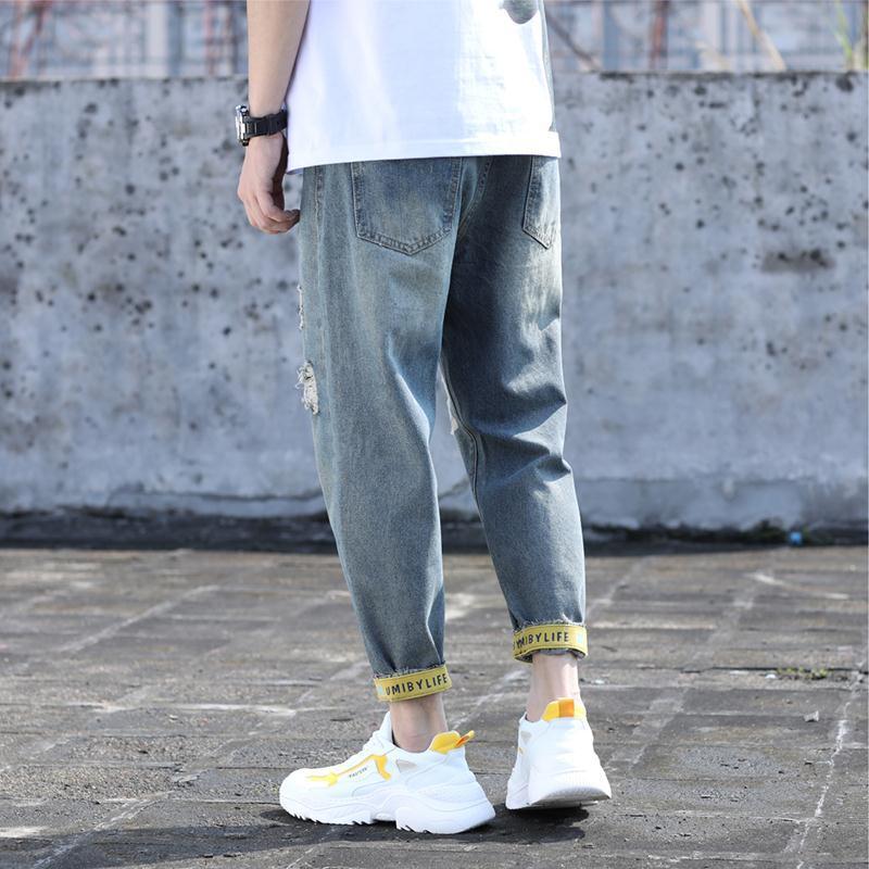 Jeans Slightly Fat Wear Plus Size Summer Thin Perforated Harlan Pippy and Handsome Trendy Cropped Pants Men's_voghion.com