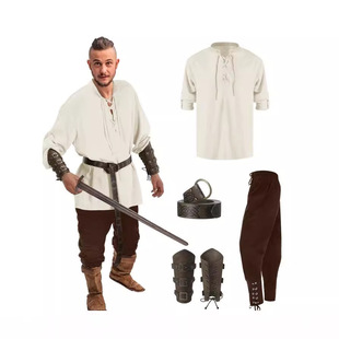 4Pcs Halloween Men Renaissance Costume Set Medieval Pirate Shirt Ankle Strap Pants