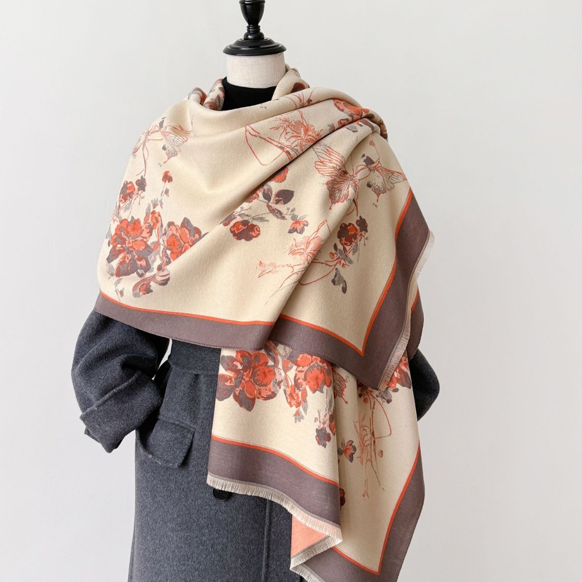 2024 nuevo invierno calentamiento collar moda chal mariposa coreano amor flor imitación de cachemir engrosado bufandas de impresión de doble cara