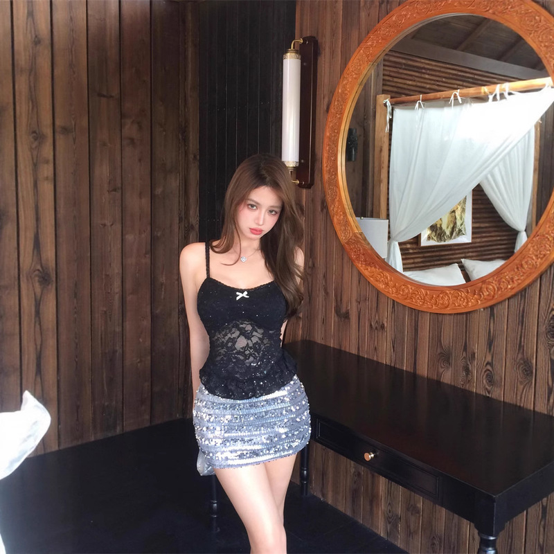 Black Sexy Lace Sequins Spice Girl Camisole Women's Summer Design Sense All-match Slimming Top with Chest Pad