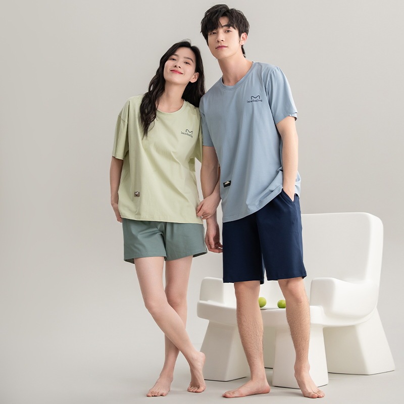 Class A Antibacterial Couple Pajamas Summer Short-sleeved Pure Cotton Korean Casual Solid Color High-end Men's and Women's Home Clothes suit