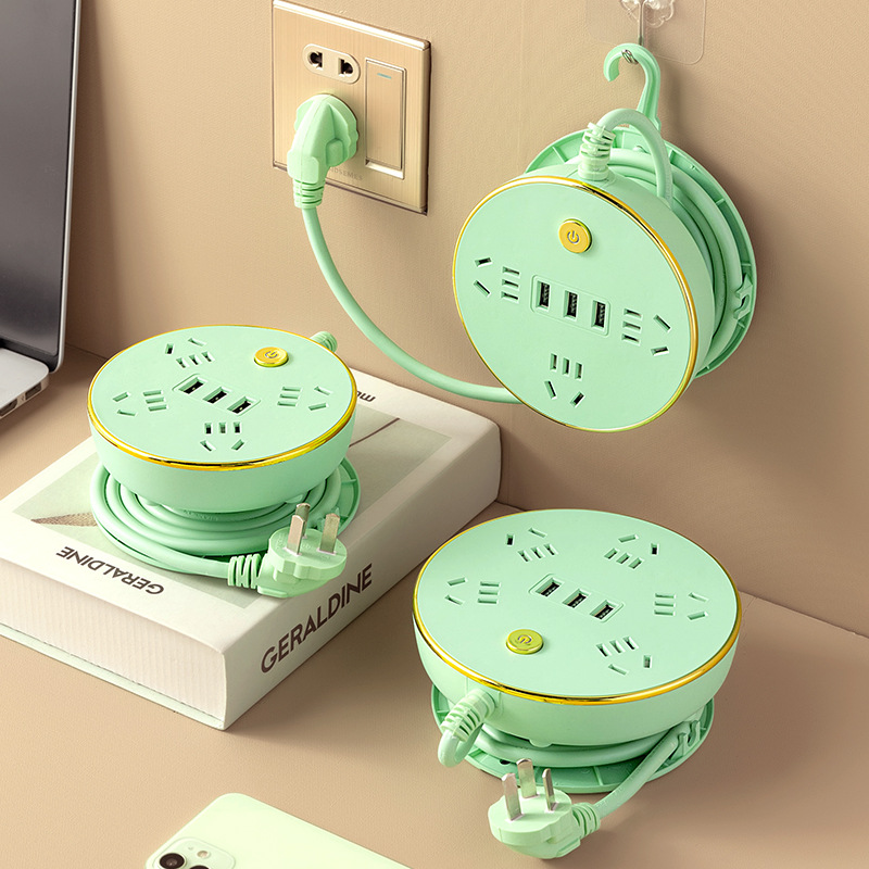 绿色插座面板长线可收纳爬墙插排多接口带USB插线板家用拖接线板