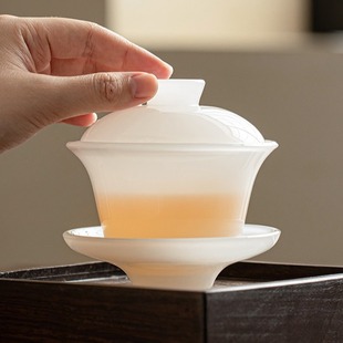 Coloured glaze three-cap bowl tea cup single anti-scalding hand glass tea set tea bowl white jade porcelain bowl tea high-end cover cup