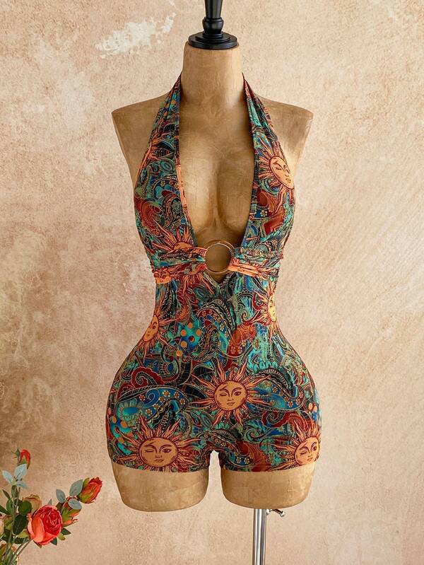 American Retro Wavy Striped Halter Neck Jumpsuit Shorts For Women Deep V Hollow Out Slim Fit Knit Jumpsuit_ecoleips.com