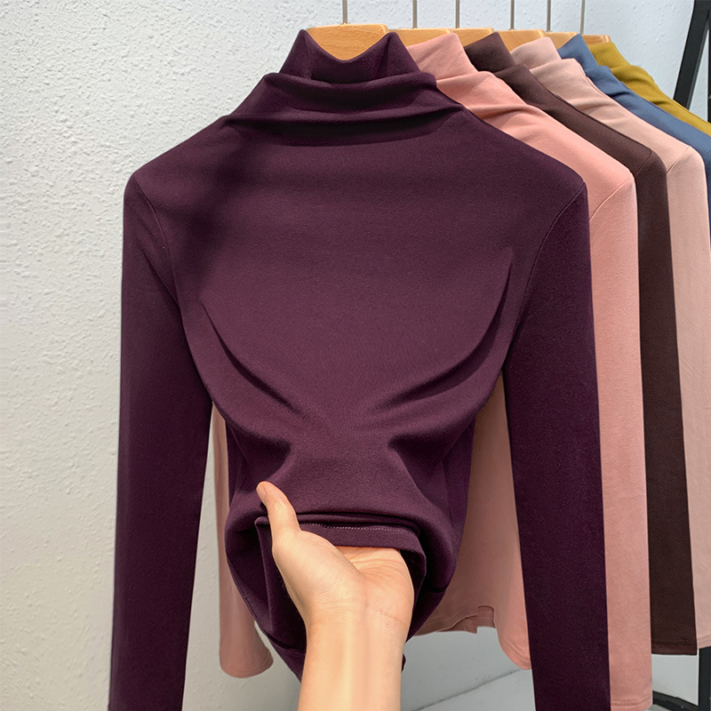 Camiseta de cuello alto para mujer, nuevo estilo 2024, ropa de mujer, color sólido, camiseta sencilla de manga larga con forro polar para mayor calidez, capa interior, top ajustado a la cintura