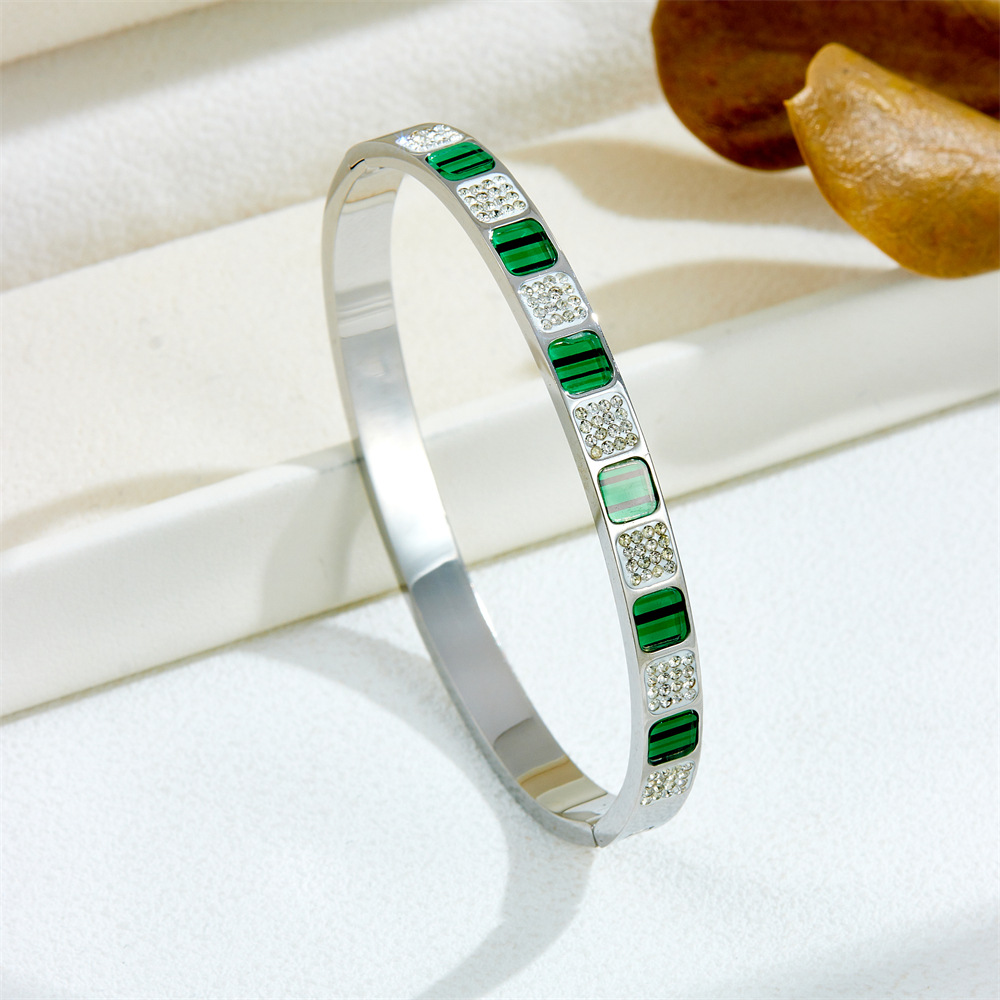24g Weight Shell, Zircon Inlay Material Bangle Classification Titanium Steel Chain Material 1 Piece Quantity Daily Occasion Titanium Steel Material Geometric Pattern All Seasons Season Women's Gender Plating, Inlay Design Retro Style Retro Geometric Titanium Steel Shell Zircon Bangle In Bulk 6