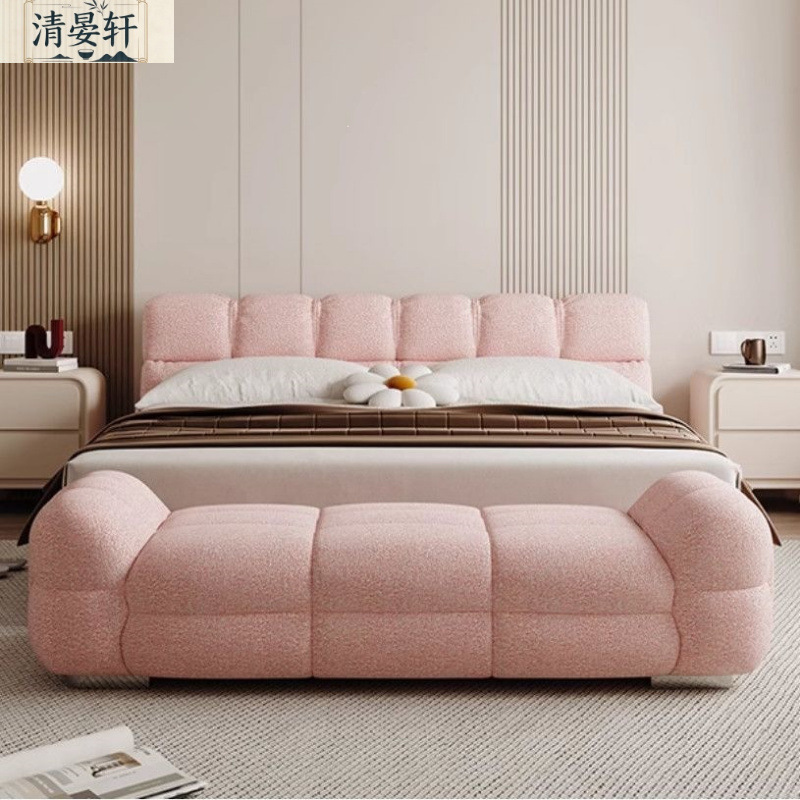 Cream-style bed-end bench, French-style lambswool, solid wood long bench for bedroom and home use, creative trendy shoe-changing bench