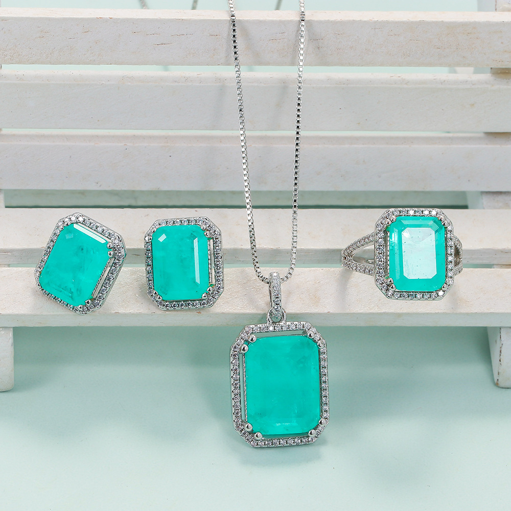 Square Pattern Retro Square Copper Inlay Artificial Gemstones Women's Rings Earrings Necklace