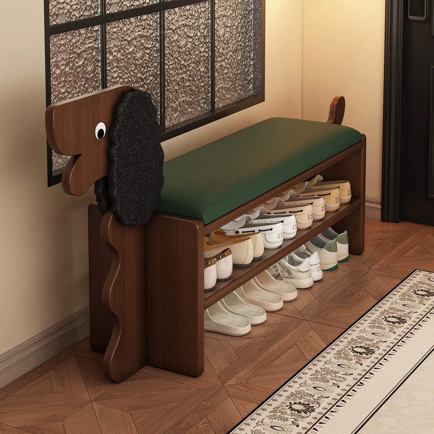 Solid Wood Dog-Shaped Shoe-Changing Bench for Home Entrance, Cute and Creative Entryway Shoe Cabinet with Integrated Seating Bench