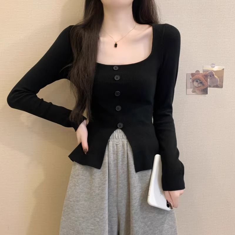 チェリーレッドスクエアネック長袖セーターレディース秋冬インナーデザインスリットスリムセーターボトムストップ|undefined
