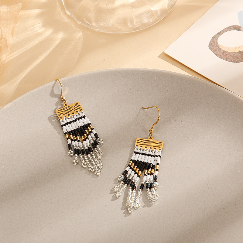 Retro Tassel Glass Titanium Steel Handmade Braid Drop Earrings 1 Pair