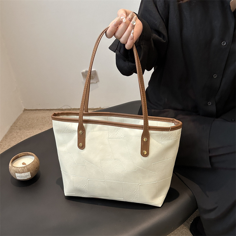 Retro Splicing Tote Bag for Women 2024 Autum New Style Mother-In-Law Bag Niche Stylish Shoulder Bag Western Style Commuter Bag
