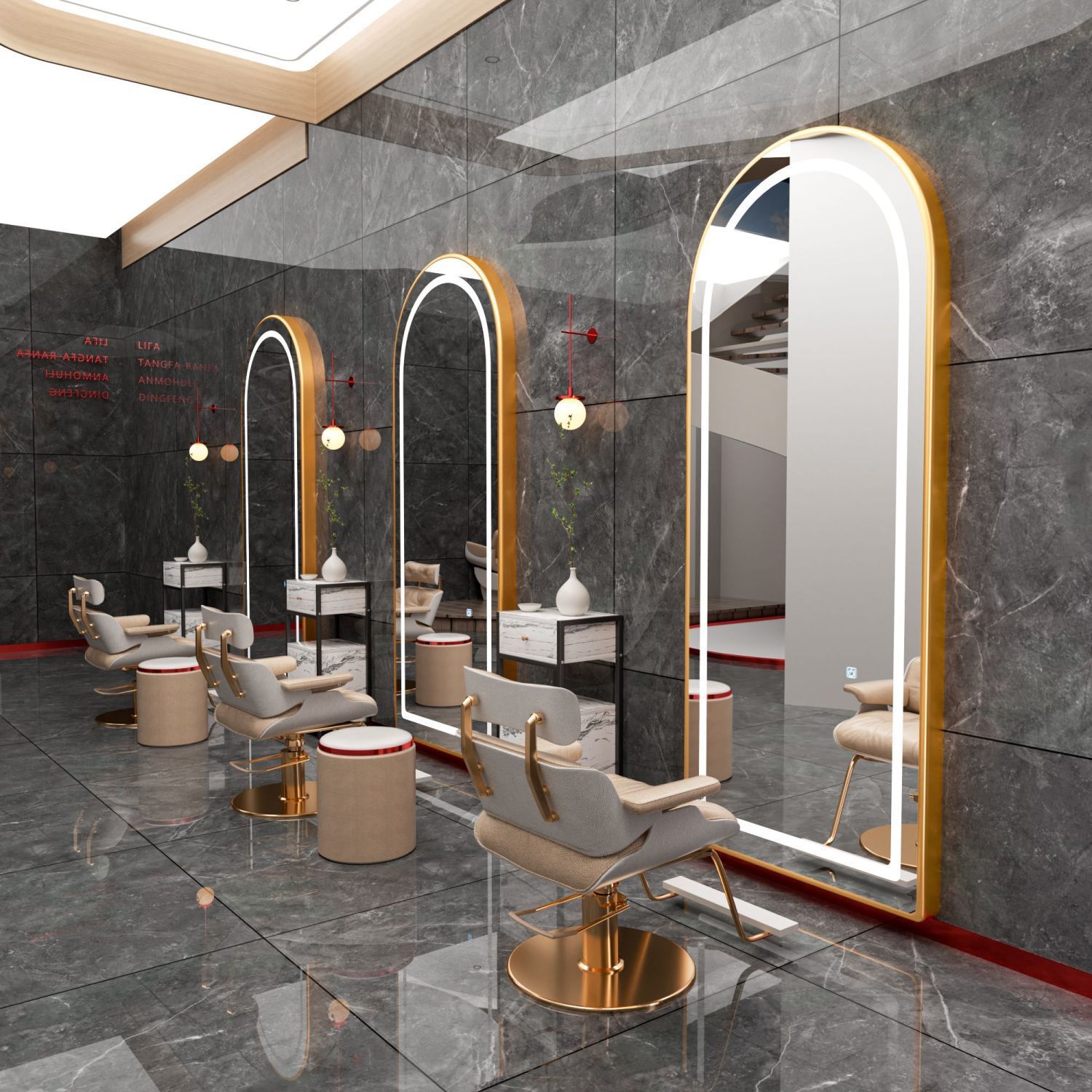 Barbería espejo salón especial barbería escaldar y teñir espejo con lámpara LED elíptica pared colgante suelo espejo de corte de pelo de lujo ligero