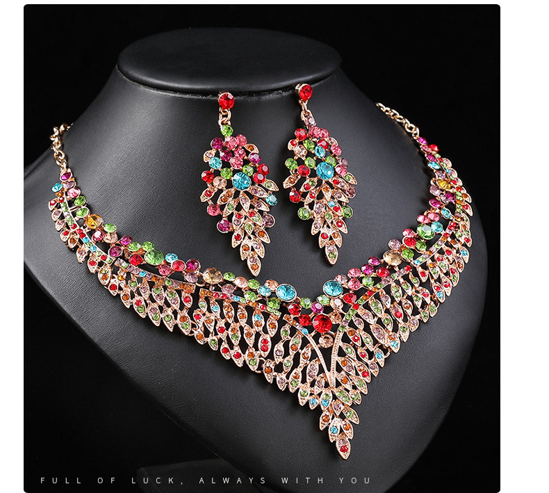 Alloy clavicle chain, exaggerated necklace, earring set, female palace temperament, colorful leaves_voghion.com