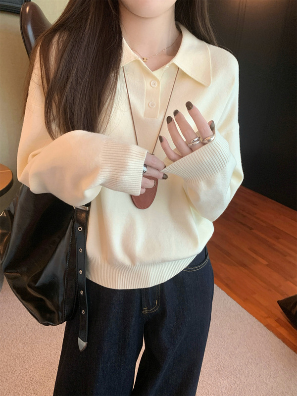 韩系polo领松弛感针织毛衣女2025春季简约慵懒打底衫宽松内搭上衣|undefined