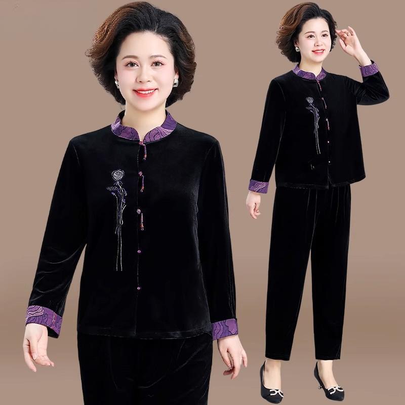 妈妈秋装洋气金丝绒套装女2025新款中老年人春秋外套中式唐装上衣|undefined
