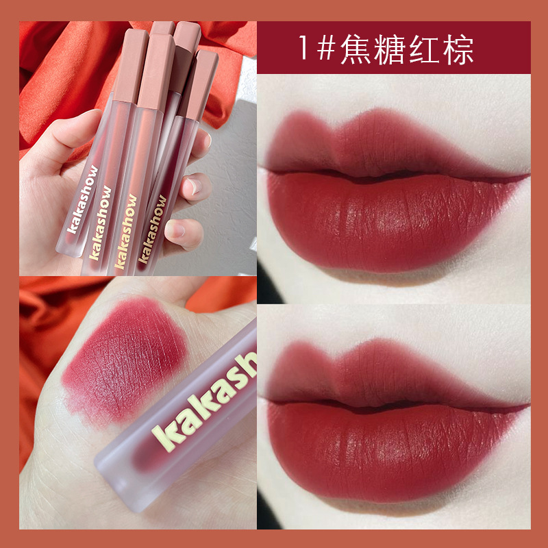Kakashow rosa esmalte de labios satinado mate terciopelo mate no es fácil de pegar taza de lápiz labial de barro de labios de larga duración sin decoloración cosméticos