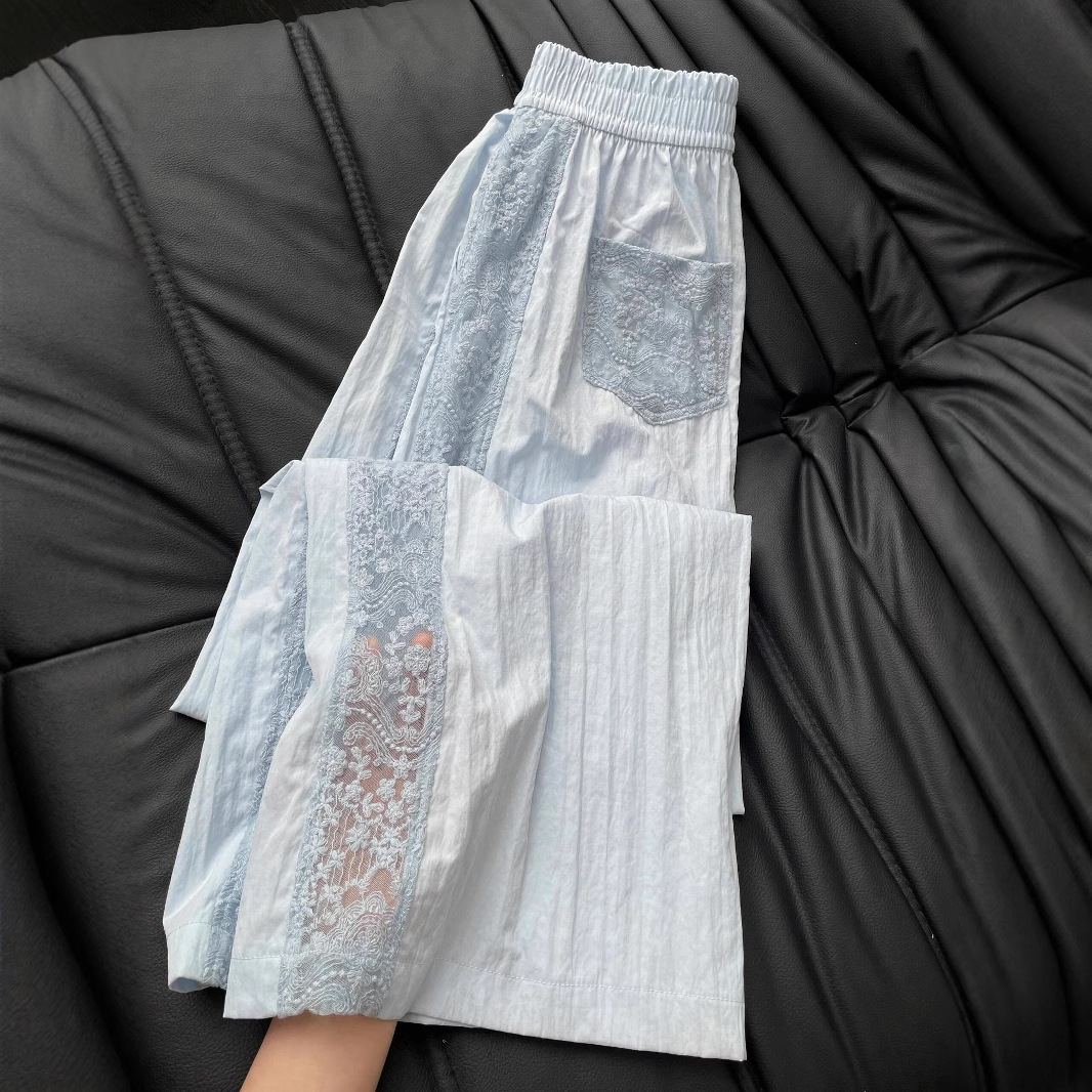 Ballet Style Design Lace Splicing Hollow Wide Leg Pants for Women Blue Summer Loose Drape Straight Long Pants for Women
