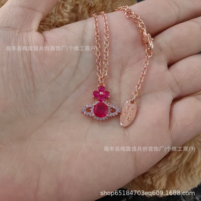 西太后水钻土星耳钉高级感轻奢耳饰一玫瑰金玫红钻项链耳钉|undefined