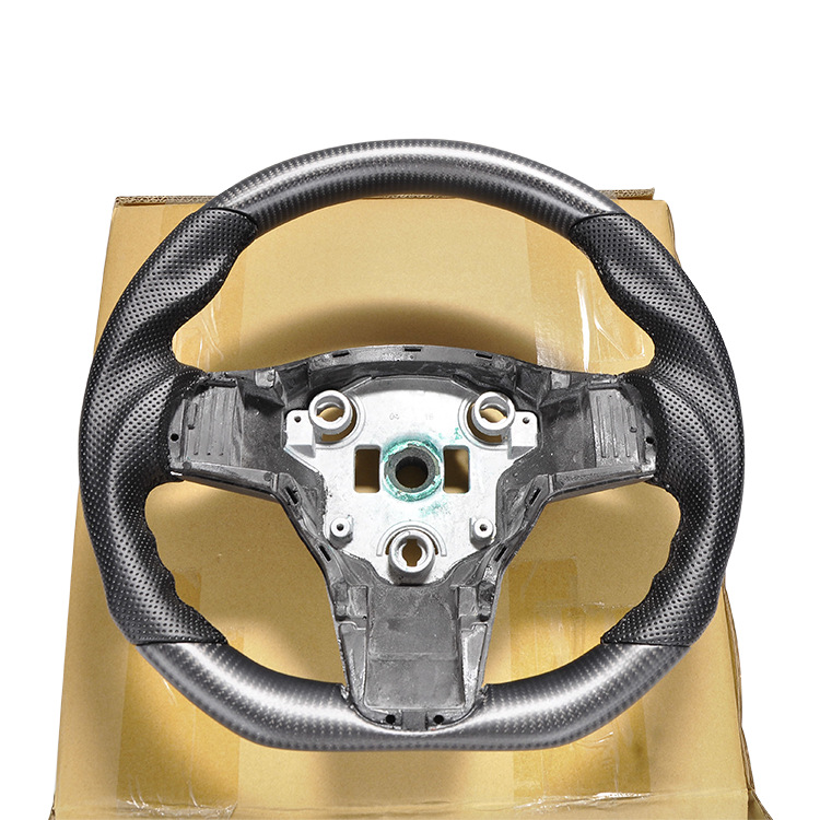100% Real Carbon Fiber Matte Black Steering Wheel with Black Stitching and Perforations - For Tesla Model 3 Y - Modification