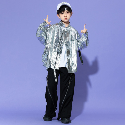 Children's hiphop rapper singers street dance costumes for girls kids boys hip-hop cool shiny leather jacket and work pants set gogo dancers dance outfits for kids