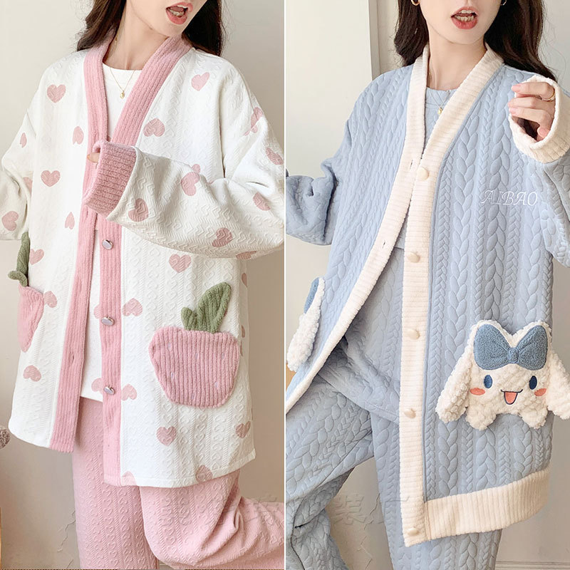 新款秋冬空气棉夹层加厚月子服三件套产后保暖孕妇装哺乳喂奶睡衣
