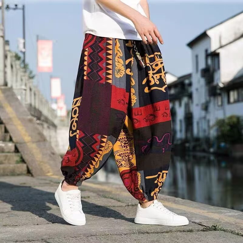 Men's Summer Thin Cotton Pants, Loose Wide-Leg Ethnic Style, Xishuangbanna Ice Silk Quick-Dry Men's Summer Thin Cotton Pants, Loose Wide-Leg Ethnic Style, Xishuangbanna Ice Silk Quick-Dry