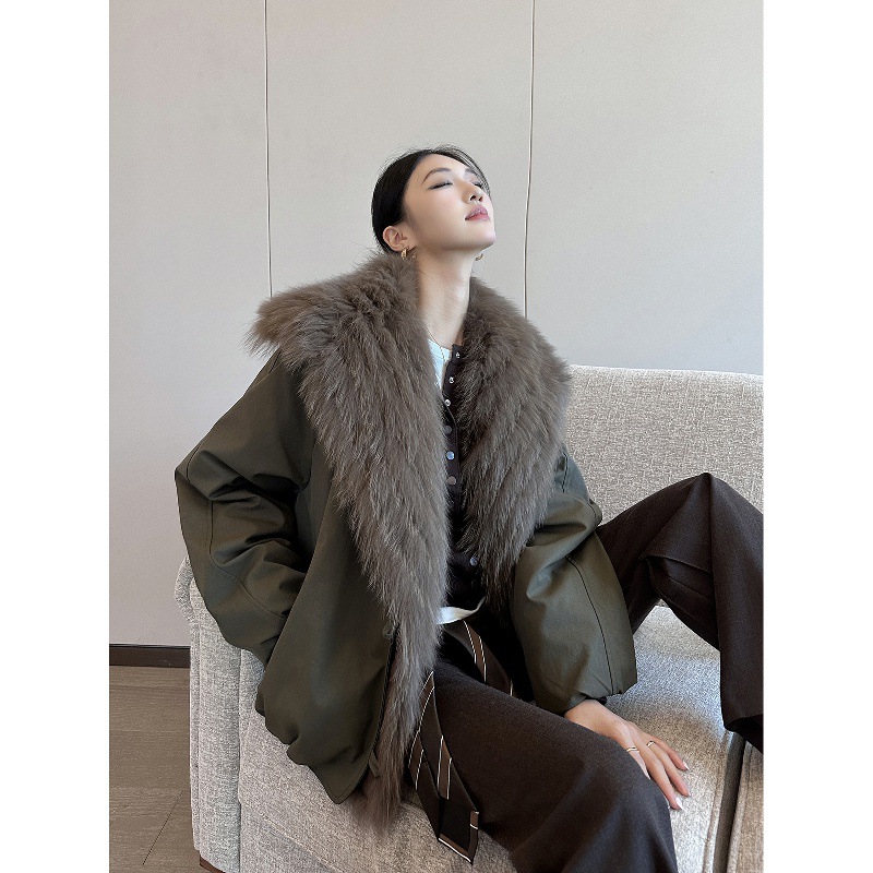 Goose down Green Fur Collar Stitching Parka down Jacket for Women Winter 2025 New Fashion Elegant Warm Jacket