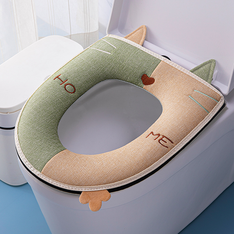 四季対応 猫柄 コントラストデザイン ハンドル付きトイレマット ジッパー式シートクッション トイレカバー 刺繍入りトイレカバー|undefined