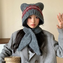 可爱羊毛混纺毛线小熊帽子女冬显脸小保暖针织护耳围巾一体帽批发