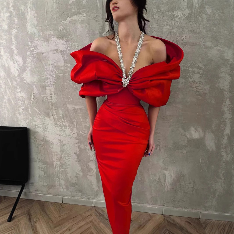 2025 European and American Cross-Border New Style Halterneck Diamond Strap Bow Collar Decoration Slimming Look Tight Bandage Dress Off-Shoulder