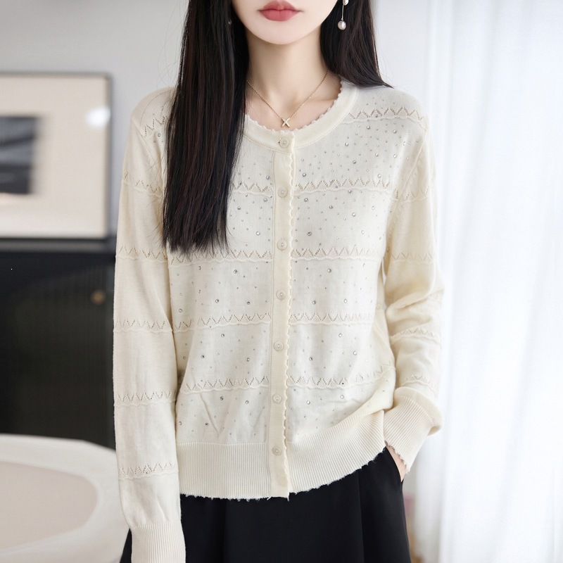Fine Wool Thin Heavy-Duty Rhinestone Knit Cardigan for Women, 2026 Spring and Autumn New Single-Breasted Sweater Coat