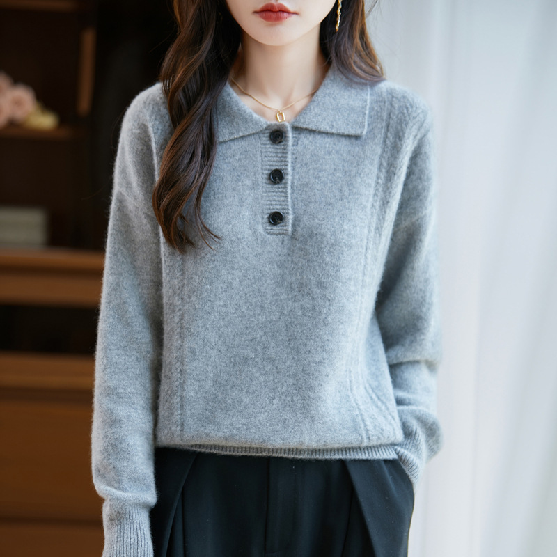 100%纯羊毛2025秋冬新女宽松POLO翻领纯色短款打底上衣针织衫毛衣|undefined