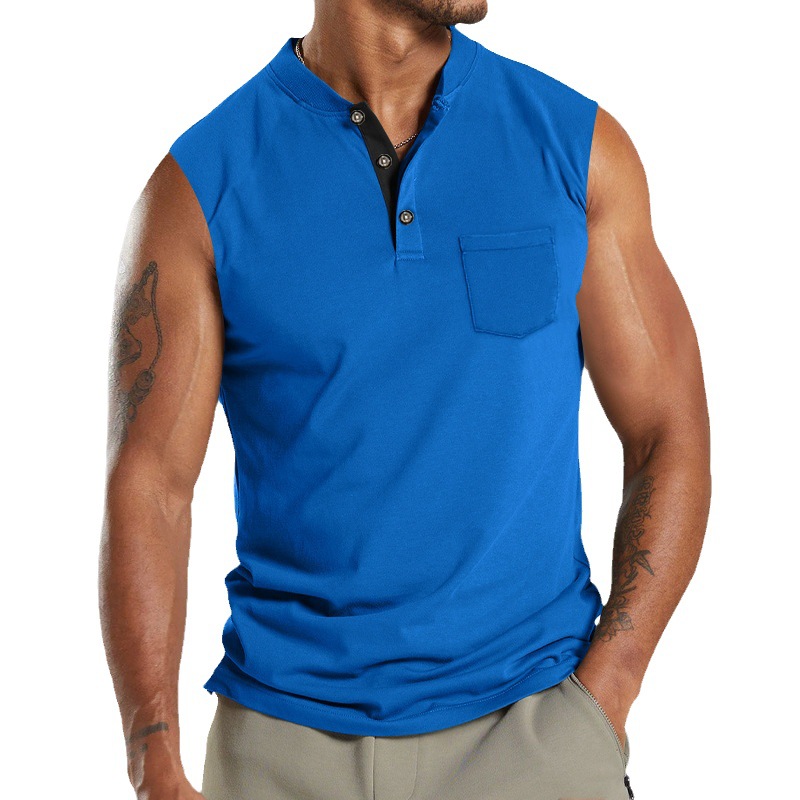 2024 Summer New Kam Shoulder Large Men's Short Sleeve Button Pocket Sleeveless T-shirt_voghion.com