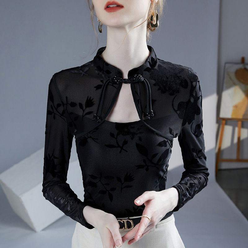 New Chinese Style Cheongsam Collar Top Women's Jacquard Slim Inner Layering Shirt 2025 Spring & Fall New Style Cut Out Western Style Shirt
