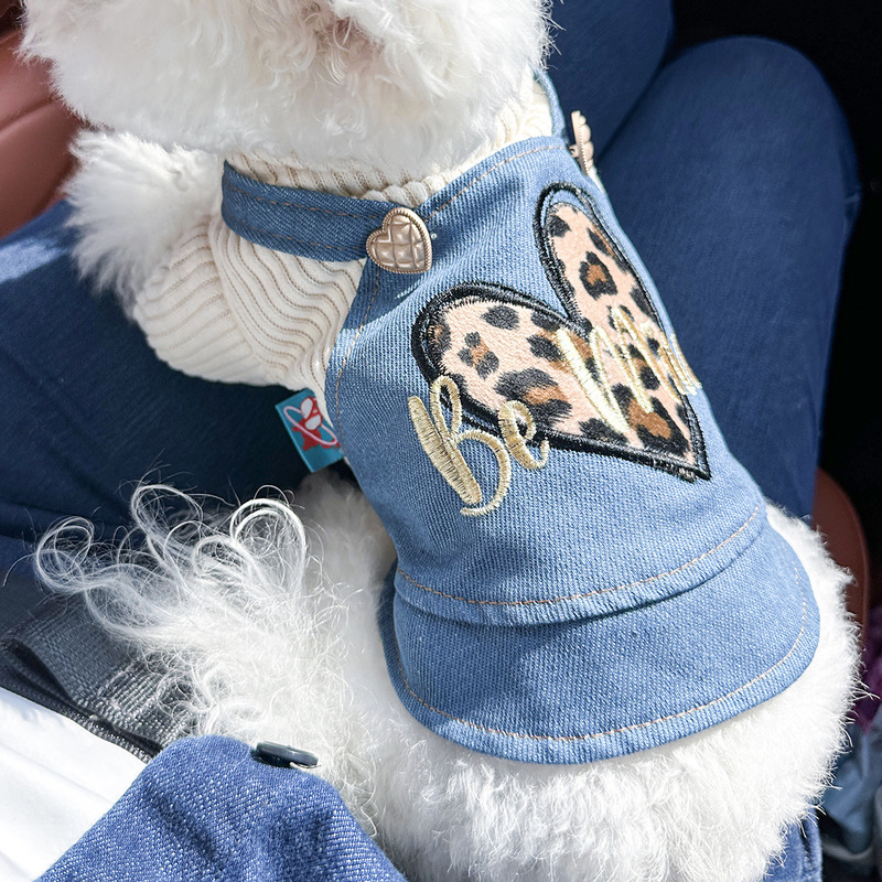 スポットクロスボーダー人気ペット子犬猫服ソース工場直販春秋ヒョウ柄ラブデニムスカート|undefined