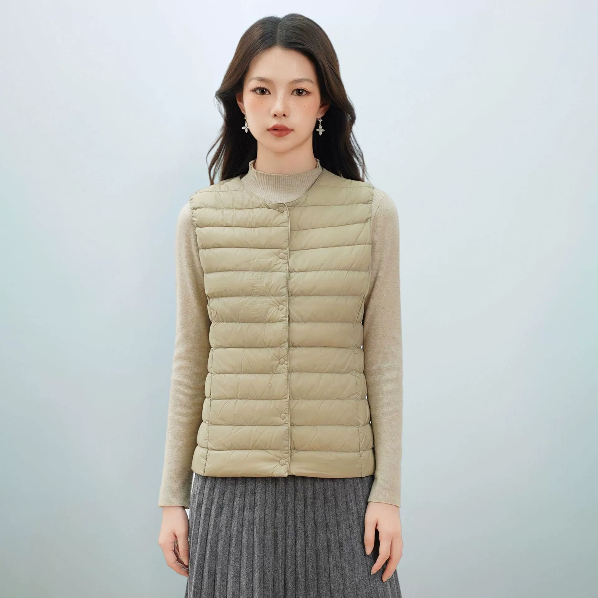 Velvet down jacket with a round collar, vest with down, city style, V-neckline