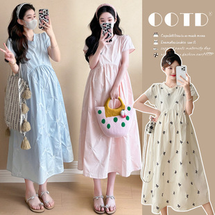 Pregnant Women's Summer Short-sleeved Embroidered dress Loose plus size Slimming Skirt Summer Korean Casual Pregnant Women's Dress Trendy